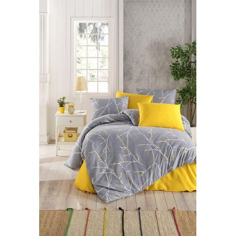 Housse de Couette Simple (135 x 200 cm), Gris et Jaune, 65% coton/35% Polyester, Lavable en Machine, imprimé à pigments, Fermeture à Bouton et enveloppe
