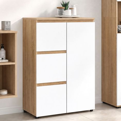 Mueble de baño TOMI con 3 cajones y armario, en acabado de haya y blanco (1/5)