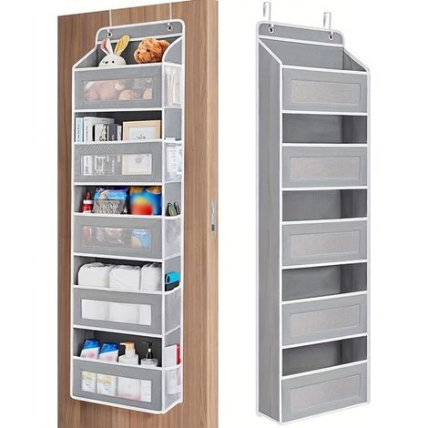 organizer da appendere, 5 ripiani anti-ribaltamento, tasche ad alta capacità, da appendere alla porta, grigio (1/5)