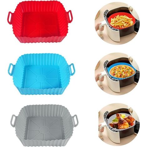 Paquet de 3 Moule Silicone Air Fryer, les Moule Air Fryer pour Friteuse à Air de 8 Pouces Sont Réutilisables,Rouge + Bleu + Gris (1/5)