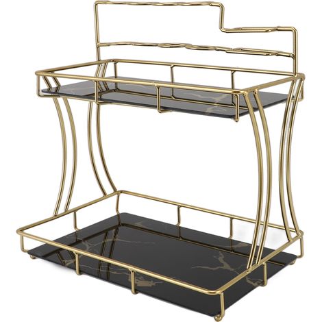 Étagère de Rangement Double Étage pour Plan de Travail, Organisateur Imperméable avec Porte-Brosse à Dents Électrique, Salle de Bain, Fond Noir Grain Doré (1/5)