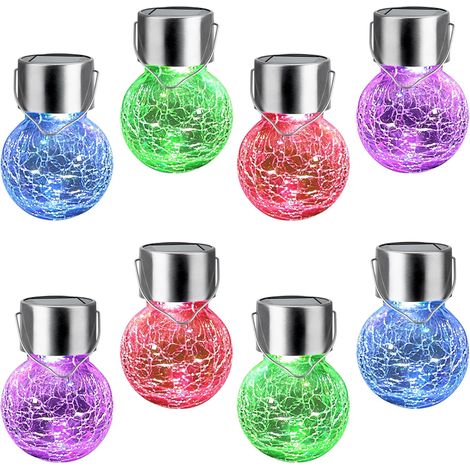 Gigalumi Set 8 Lampade Solari a Sospensione – LED Multicolore con Vetro Cracklé Impermeabile IP44, Design Elegante per Giardino, Terrazza e Balcone (1/4)