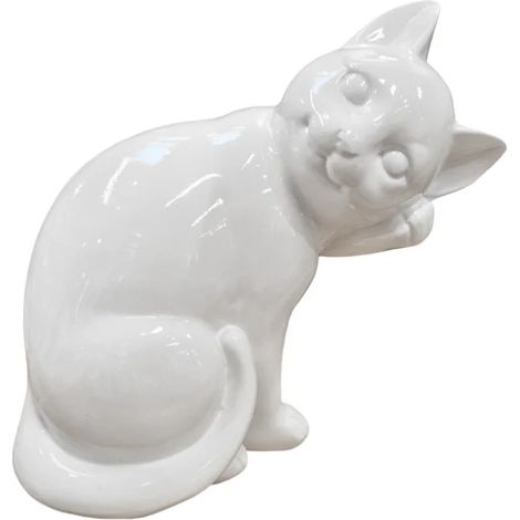 Statue chat blanc laqué assis avec patte sur museau H. 23 cm - CAT (1/5)