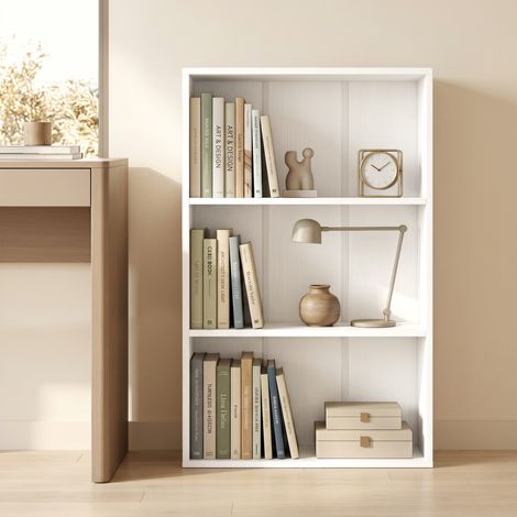 Bibliothèque rangement 3 niches, étagère ajustable, 60x24x93 cm, blanc, meuble polyvalent salon ou bureau. (1/5)
