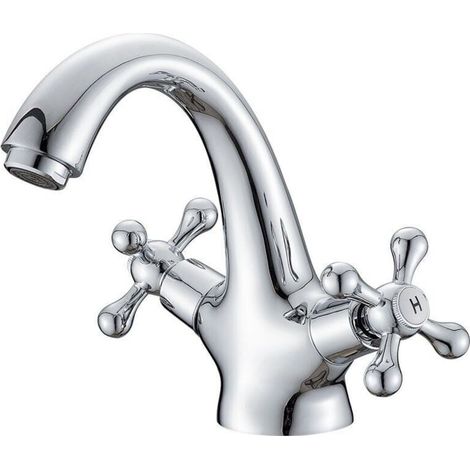 Rubinetto per lavabo da bagno in stile retrò, miscelatore vintage per bagno, cromato, argento (con tubo flessibile da 60 cm) (1/4)