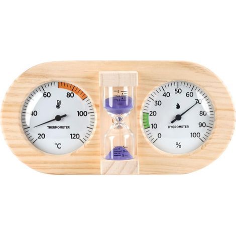 3-in-1 Sanduhr-Thermometer-Hygrometer aus Kiefernholz für Sauna und Garage (1/5)