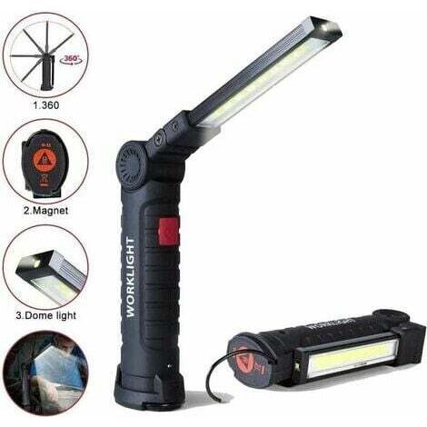 Lampe de travail LED rechargeable avec 800 lumens, base magnétique, 5 modes pour garage, camping, urgences, lampe torche baladeuse LED.