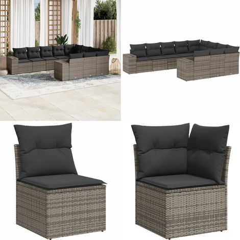 10-tlg. Garten-Sofagarnitur mit Kissen Grau Poly Rattan - Gartengestelle - Gartenmöbelset - Outdoor Möbel - Lounge Set - Rattan Gartenmöbel - Home & Living (1/5)