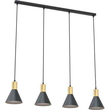 Lampadario 4 Luci Rosa In Acciaio Nero E Paralumi Conici Nero E Oro