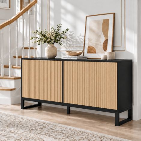 Buffet bas, Meuble à chaussures, Armoire de rangement pour salon, entrée et salle à manger, 4 portes cannelées 3D, étagères réglables, MDF, 160x40x75 cm, Noir et Bois naturel (1/5)