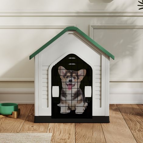 Niche pour Chien avec Porte Verrouillable, Abri pour Animaux, Aérations et Toit Incliné pour Petits Chiens et Chats, pour Maison, Terrasse, Vert (1/5)