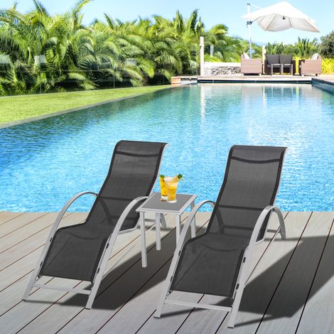 Ensemble de jardin 3 pièces en maille métallique. Chaise longue avec table basse. Mobilier de jardin comprenant 2 chaises longues et 1 table d'appoint. Salon de jardin/balcon. 59 cm (L) x 169 cm (P) x (1/5)