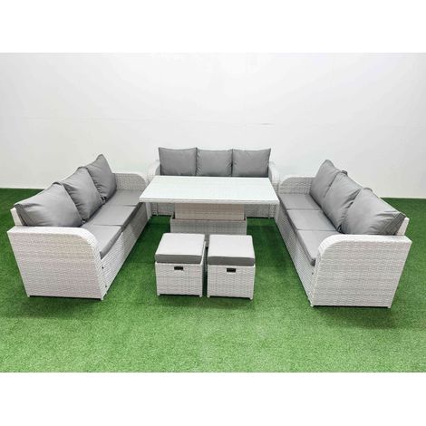 Fimous PE Rattan Lounge Sofa Set 11 Seater Outdoor Garden Furniture Set with Adjustable Lifting Dining or Coffee Table 3 Seater Sofa 2 Stools Light Grey (1/5)