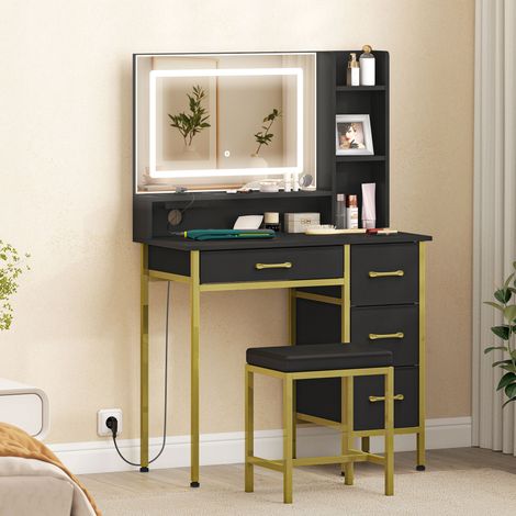 Coiffeuse maquillage avec miroir LED Station, tabouret de recharge, de 4 tiroirs noirs