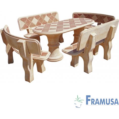 CONJUNTO COMEDOR PIEDRA OVALADO JARDIN OLIVO GRES CON AZULEJOS OCRE