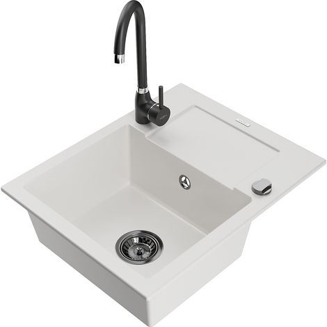Mexen Enzo fregadero de granito de 1 tazón con escurridor y grifo de cocina Telma, blanco - 6506-20-670200-70 (1/5)