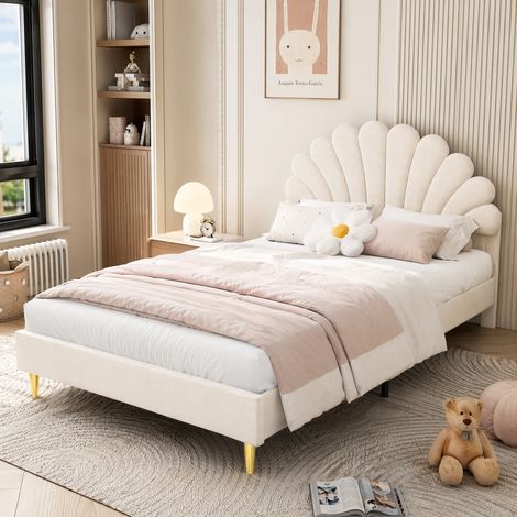 Lit double 140x200 cm, Lit enfant rembourré avec tête de lit en fleur, Cadre de lit fille avec sommier à lattes, Velours, Beige (1/5)
