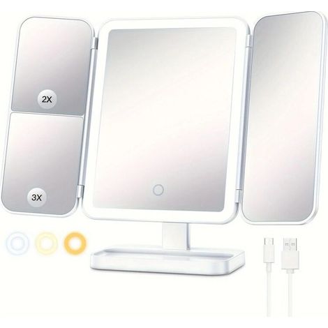 Miroir de maquillage LED, miroir grossissant rotatif, miroir pliable à trois faces, idéal pour le maquillage et les soins de la peau. (1/5)