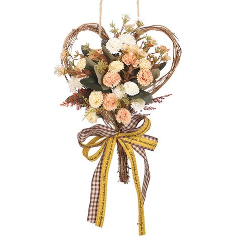 Couronne de cœur en œillets artificiels, décoration murale à suspendre avec nœud, fête des mères (1/2)