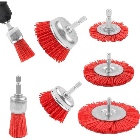 6 Pièces Brosse Perceuse, Brosse Nylon avec Tige Hexagonale 1/4" pour Visseuse, Brosses Abrasives pour Nettoyage Polissage Ébavurage (1/5)