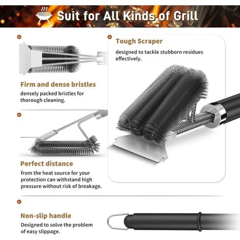 Brosse de nettoyage pour gril en acier inoxydable - Grattoir barbecue efficace sans rayures avec manche long - Compatible avec barbecues gaz, charbon, infrarouge et porcelaine - 1 pièce (1/4)
