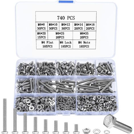 740 Pcs Vis et écrous Set, M4 Vis Boulon et écrous et Rondelles Kit, Boulons Vis à Tête Hexagonale, Assortiment Vis Boulons Hexagonaux en Acier Inoxydable pour Réparation de Vélo Moto Mécaniques (1/5)