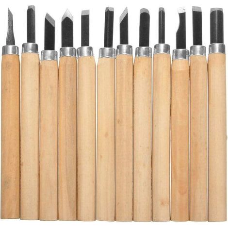 12PCS Outil de Gravure à Bois Main Couteau Sculpture sur Bois Ciseaux à Découper pour Sculpteur, Charpentier, (1/5)