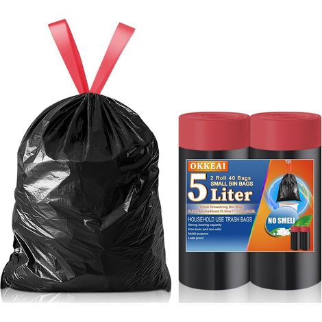 Lot de 40 sacs poubelle de 5 l avec cordon de serrage - Noir - Convient pour salle de bain, toilettes, cuisine - 3 l, 4 l, 5 l, 6 l (1/5)
