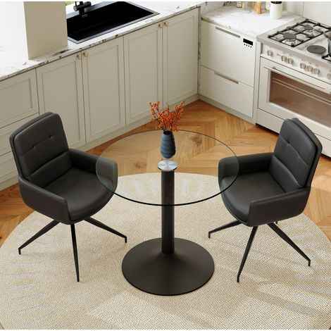 Table de salle a manger en verre trempe noir transparent avec 2 chaises pivotantes, design elegant (1/5)