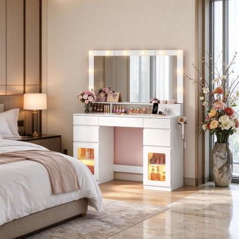 Coiffeuse avec de nombreux rangements, coiffeuse LED avec miroir, coin coiffeuse cosy pour chambre, coiffeuse élégante (1/5)