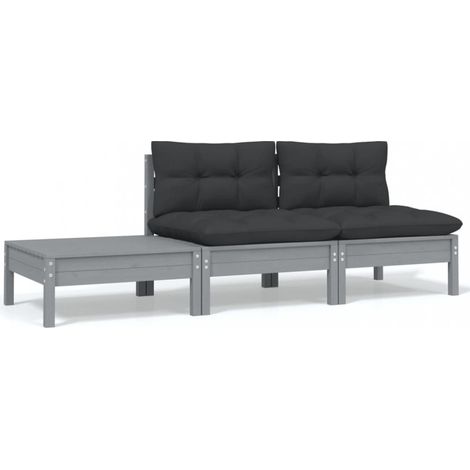vidaXL 3 Piece Garden Lounge Set with Cushions White Solid Wood Pine
