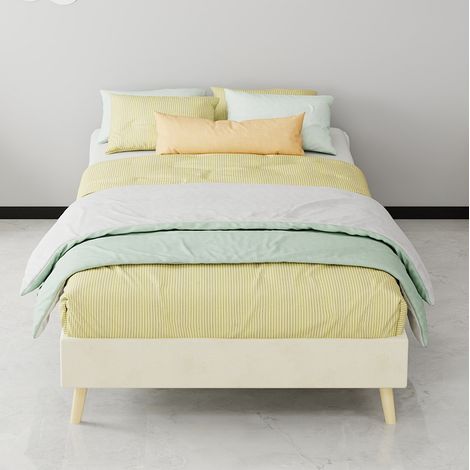 Einzelbett 90x200 Stoff Beige Metall Bettgestell Modern OKMYHOME (1/5)