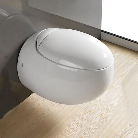Rue Du Bain – WC suspendu œuf – Céramique blanche – Abattant avec frein de chute – Longueur 59 cm – Largeur 41 cm – Design moderne