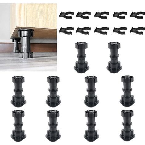 Lot de 10 Pieds de Meubles Réglables, 100-120MM Pieds pour Meuble Noir, Pied de Meuble en Plastique avec 10 Clip pour Plinthe, Pieds de Table Réglable pour Meuble, Armoires, Cuisine, Canapé (1/4)