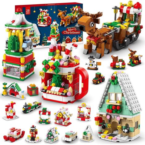 Calendario de Adviento de Navidad 2025, Calendario de cuenta regresiva de Navidad de 24 días con 1099 piezas, Juguetes de construcción de trineo de alce 6 en 1 para niños, Regalos de Navidad, Decoraci