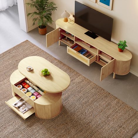 Ensemble 2 Meubles de Salon avec Table Basse Relevable et Meuble TV, Rangement et Passe-Cables, MDF Naturel (1/5)