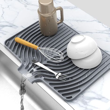 Tapis de séchage pour plan de travail, tapis en silicone 40x33 cm avec égouttoir intégré, tapis de séchage pour vaisselle, tapis de séchage pour plan de travail (gris)-AquaForge (1/5)