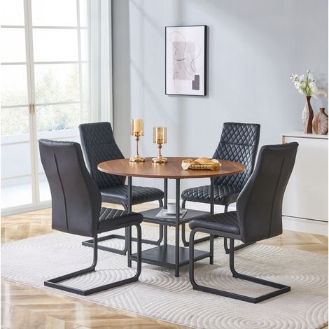Mesa redonda de 107 cm con 4 sillas, MDF y metal negro nogal, con almacenaje para cocina FloraGrace (1/5)