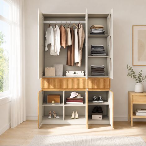 Armario 6 puertas 132x50x202 cm MDF gris claro y roble claro, 2 cajones – MEUBLIV (1/5)