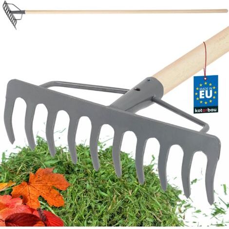 Rateau à Feuille - Métal - 26 cm - Râteau Jardin - 10 Dents - avec Manche en Bois - Outil Robuste Pour Entretien Gazon Jardinage - Gris & Naturel-NANOTEH (1/5)