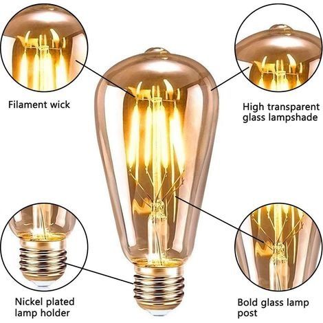 Vintage E27 Glühbirne, 6er-Pack Edison LED Glühbirne E27 ST64 Retro Dekorative Edison Glühbirne Antike Vintage Lampe 4W Warmweißes Glühfaden für Restaurant Café Bar Glühlampen (1/4)