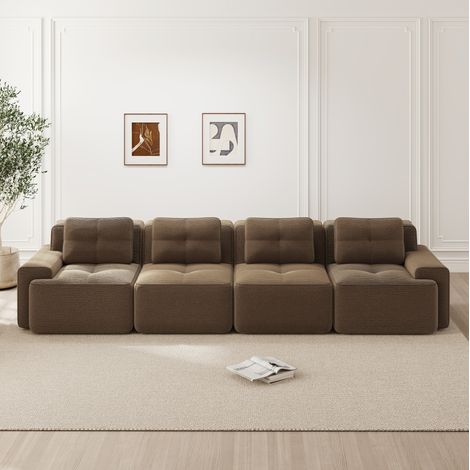 Divano modulare in velluto a coste marrone, seduta profonda 74 cm, base antiscivolo, senza montaggio (1/5)