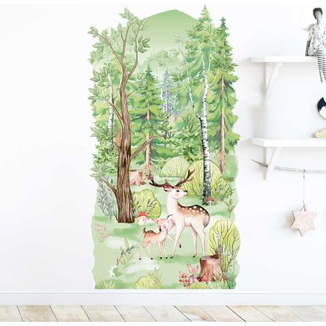 Décor papier peint préencollé Atelier Déco, en forêt, scène principale, nature, enfant, animaux, 135 cm X 83 cm (1/5)