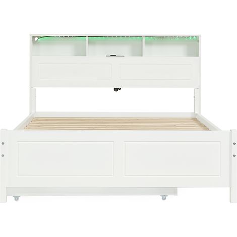 Letto matrimoniale con letto estraibile 90x190 cm, LED, presa, vano contenitore, pino e MDF, bianco (1/5)