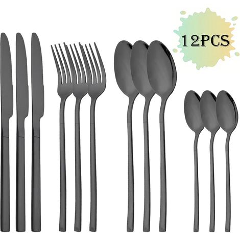 (Ensemble de couverts noirs en acier inoxydable de 12 pièces, comprenant un couteau, une fourchette et une cuillère à café)
