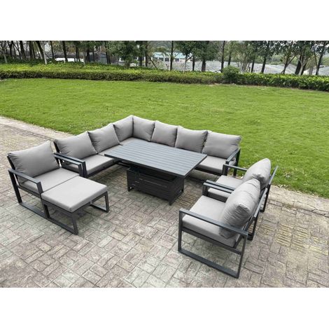 Fimous Aluminium Garden Furniture Sets,10 Seater Outdoor Conversational Dining Set with Adjustable Rising Lifting Dining Table Cushions for Yard,Poolside, Patio, Dark Grey (1/5)