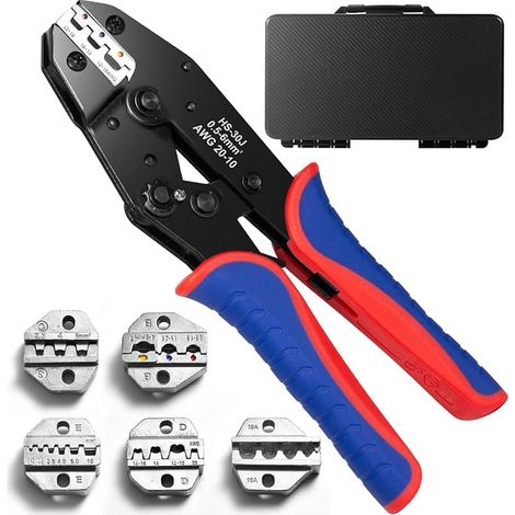 Pince à Sertir Kit, pince à cliquet pour gaines thermorétractables, nylon, embouts à bague, cosses à corps ouvert, connecteurs - avec matrices interchangeables (1/5)