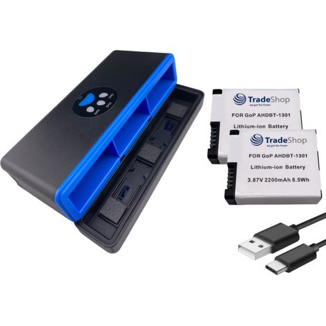 Trade-Shop 3in1 Set: 2x Akku (eckige Form) 2200mAh + USB-C LCD Triple Ladegerät / Ladebox für GoPro HERO13 Black, AHDBT-1301, AHDBT-1301PR, CPSS1B