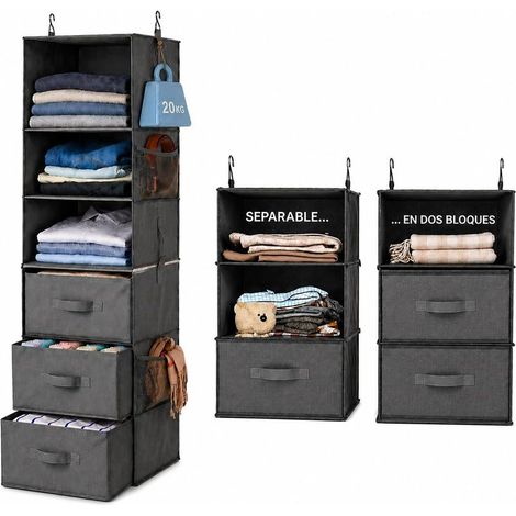 Organisateur de placard suspendu à 6 étagères pliantes en 2 modules de 3 avec 2 poches latérales et étagères en tissu renforcées, économise de l'espace et gardez les vêtements pliés sans plis (1/5)