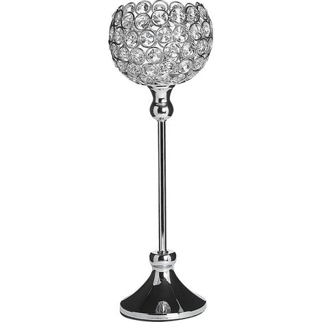 Candelabro con pantalla en forma de cuenco de metal plateado con cristales de vidrio 27 cm pieza decorativa centro de mesa Esternay (1/5)